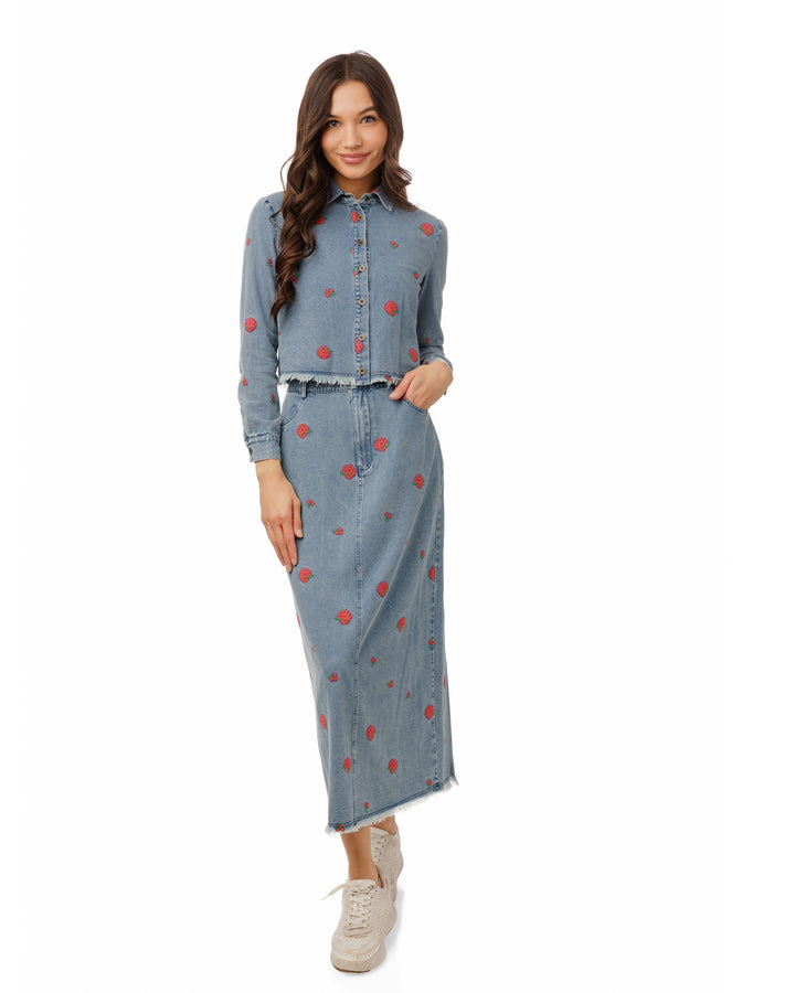 Red Flowers Embroidered Denim Top - Light Blue