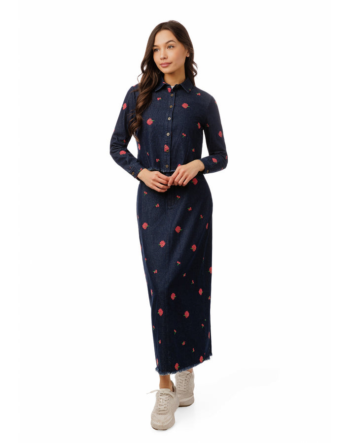 Red Flowers Embroidered Denim Top - Dark Blue