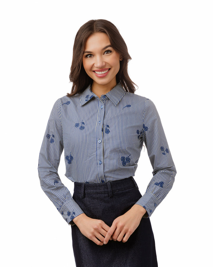 Frayed Hem Navy Embroidery Striped Shirt