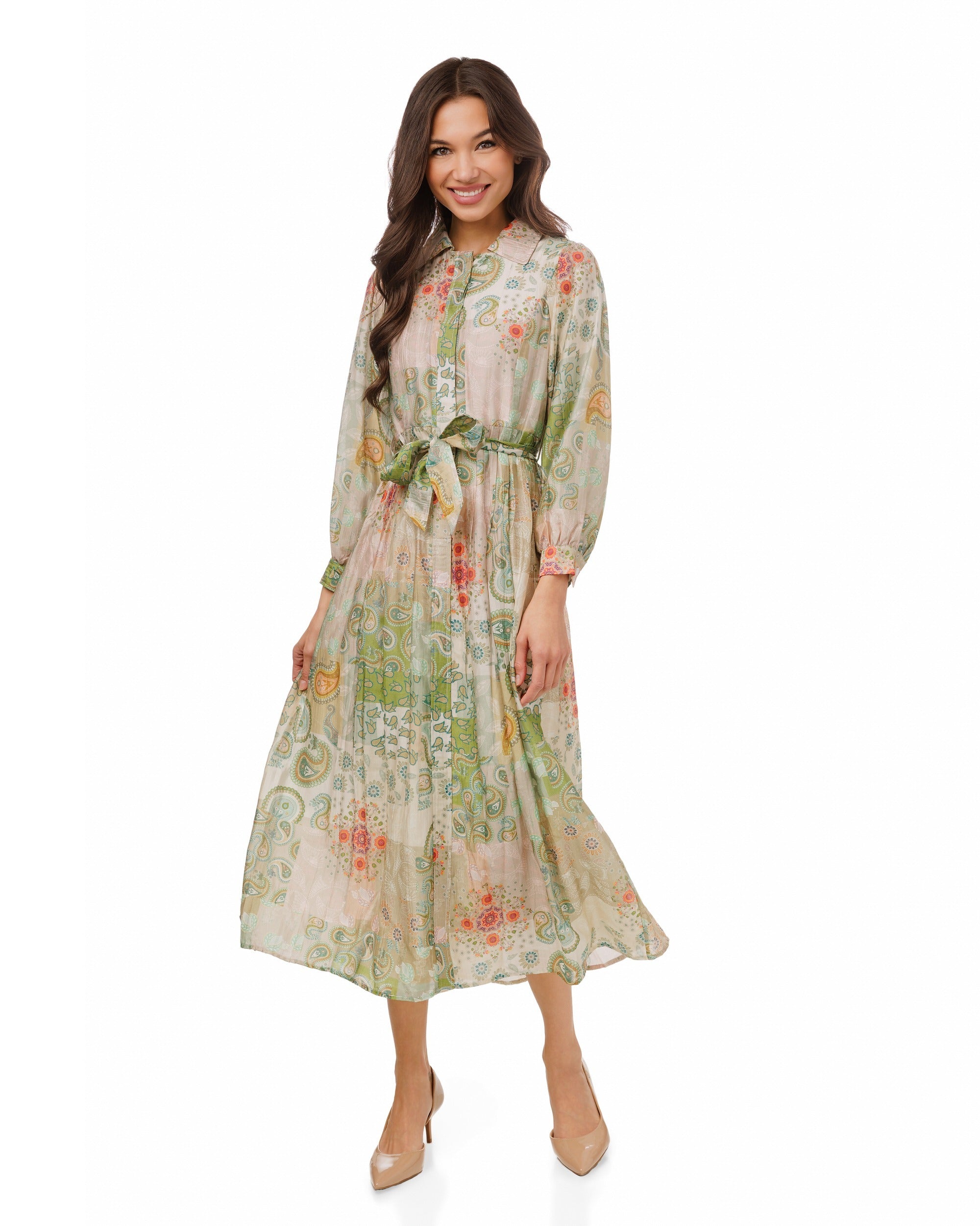 Green Floral Printed Belted Dress