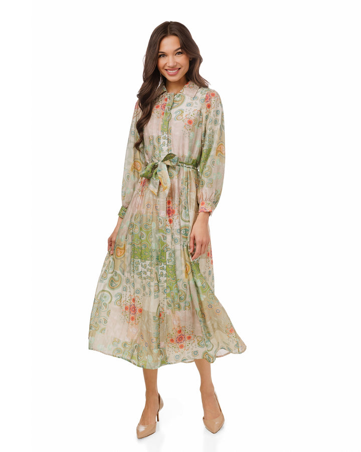 Green Floral Printed Belted Dress