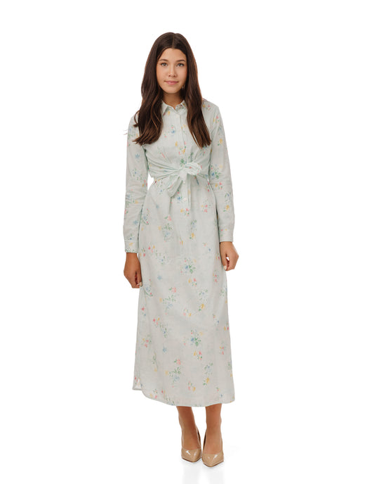 Baby Blue Multicolor Embroidered Waist Tie Dress