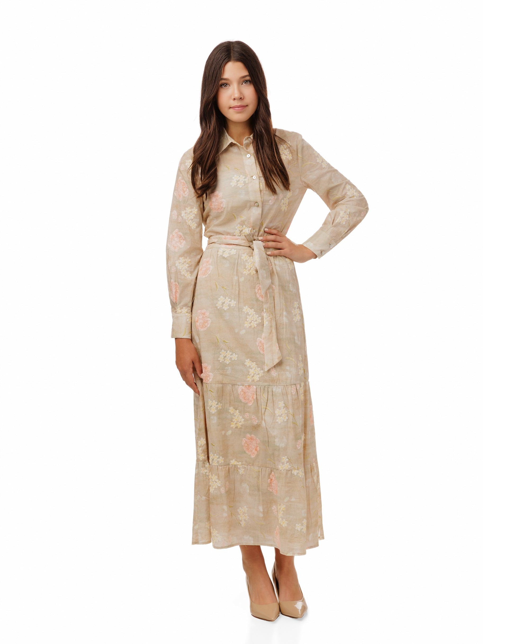 Yellow And Peach Floral Embroidered Shirt - Tan