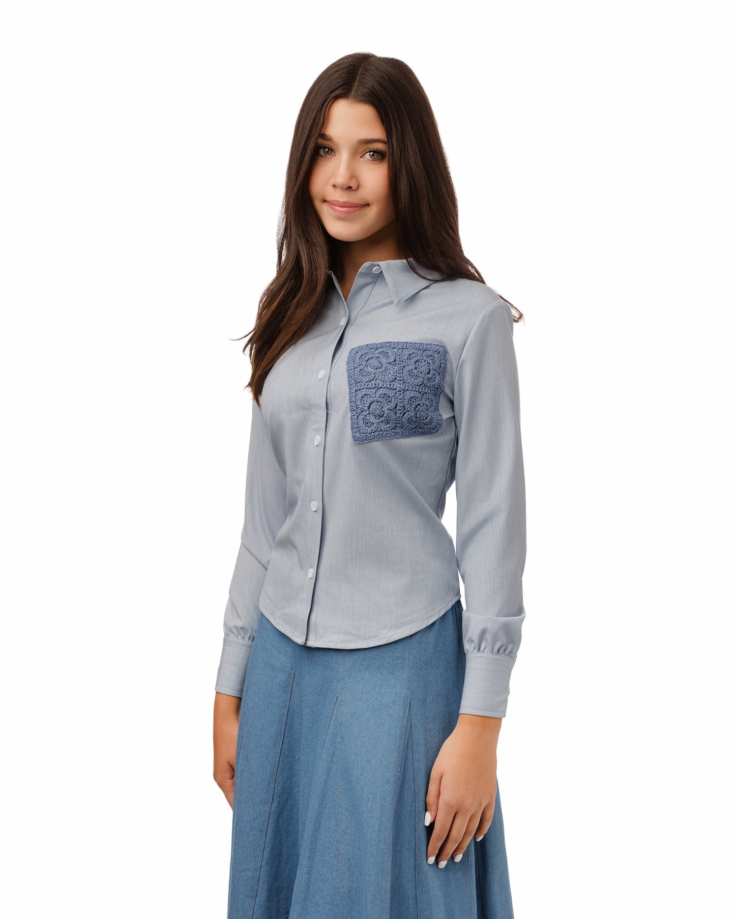Light Blue Blouse With Crochet Pocket