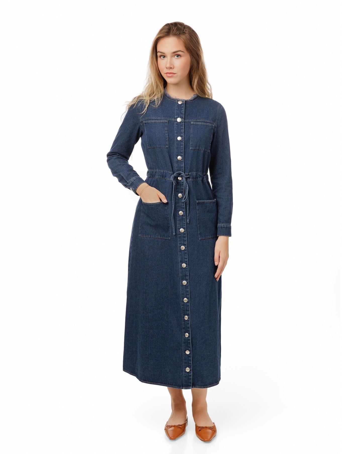 Ragged Edge Multi Pocket Denim Dress - Blue