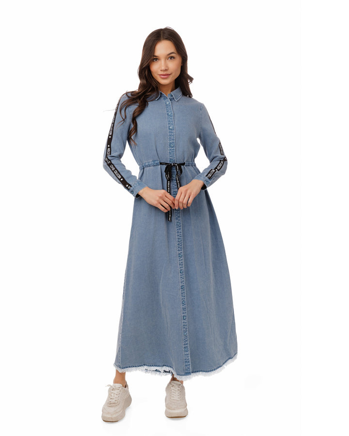 Drawstring Denim Dress - Blue