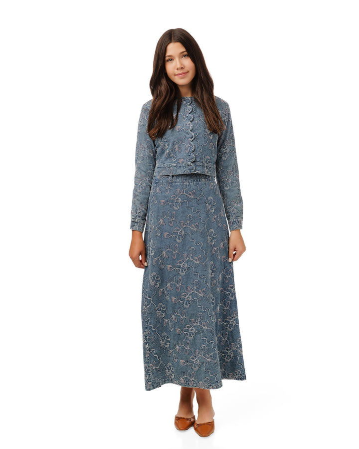 Abstract Embroidery Tie Waist Denim Skirt