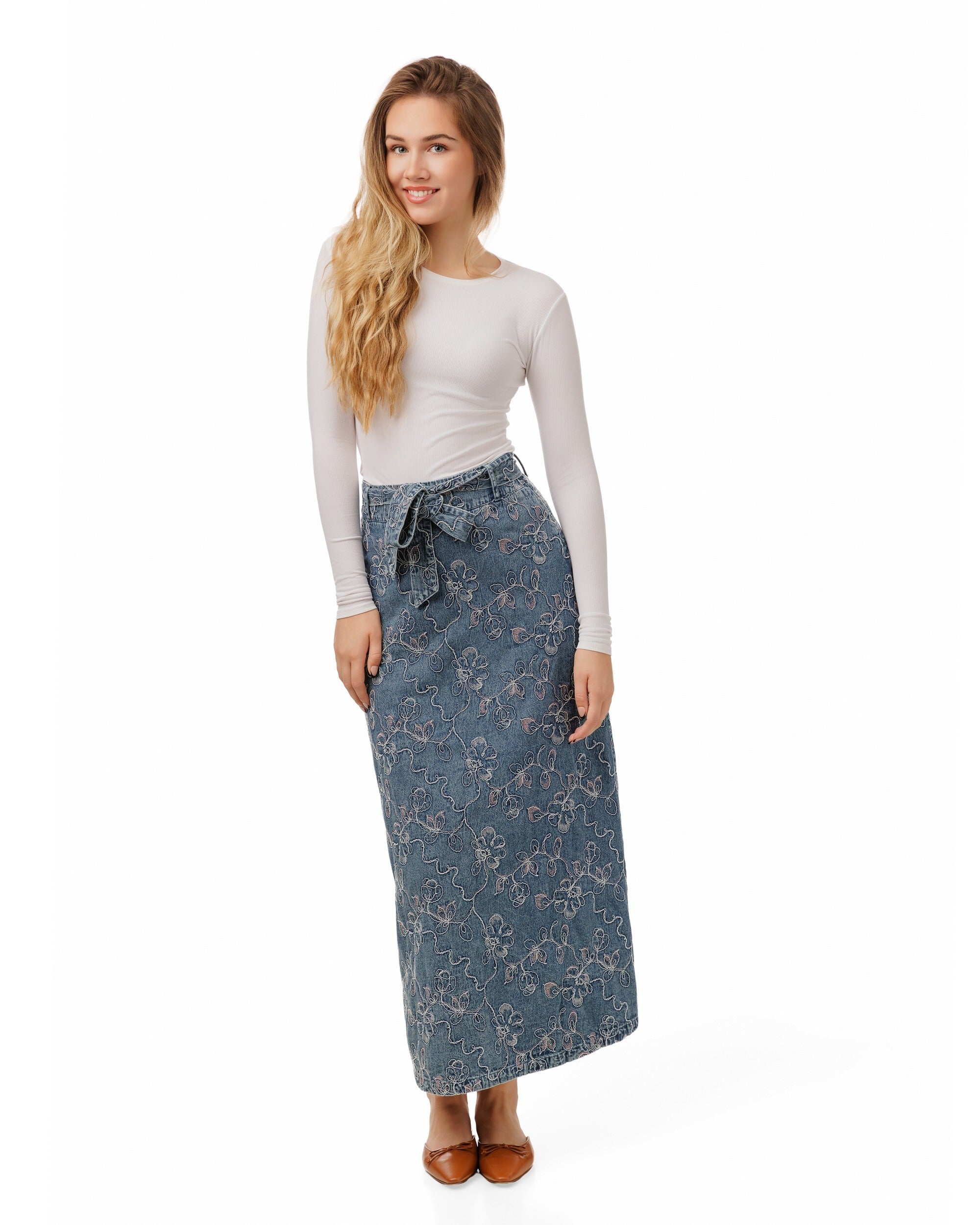 Abstract Embroidery Tie Waist Denim Skirt