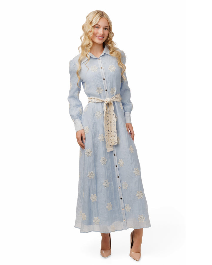 Blue Dress With Flower Eyelet And Crochet Belt