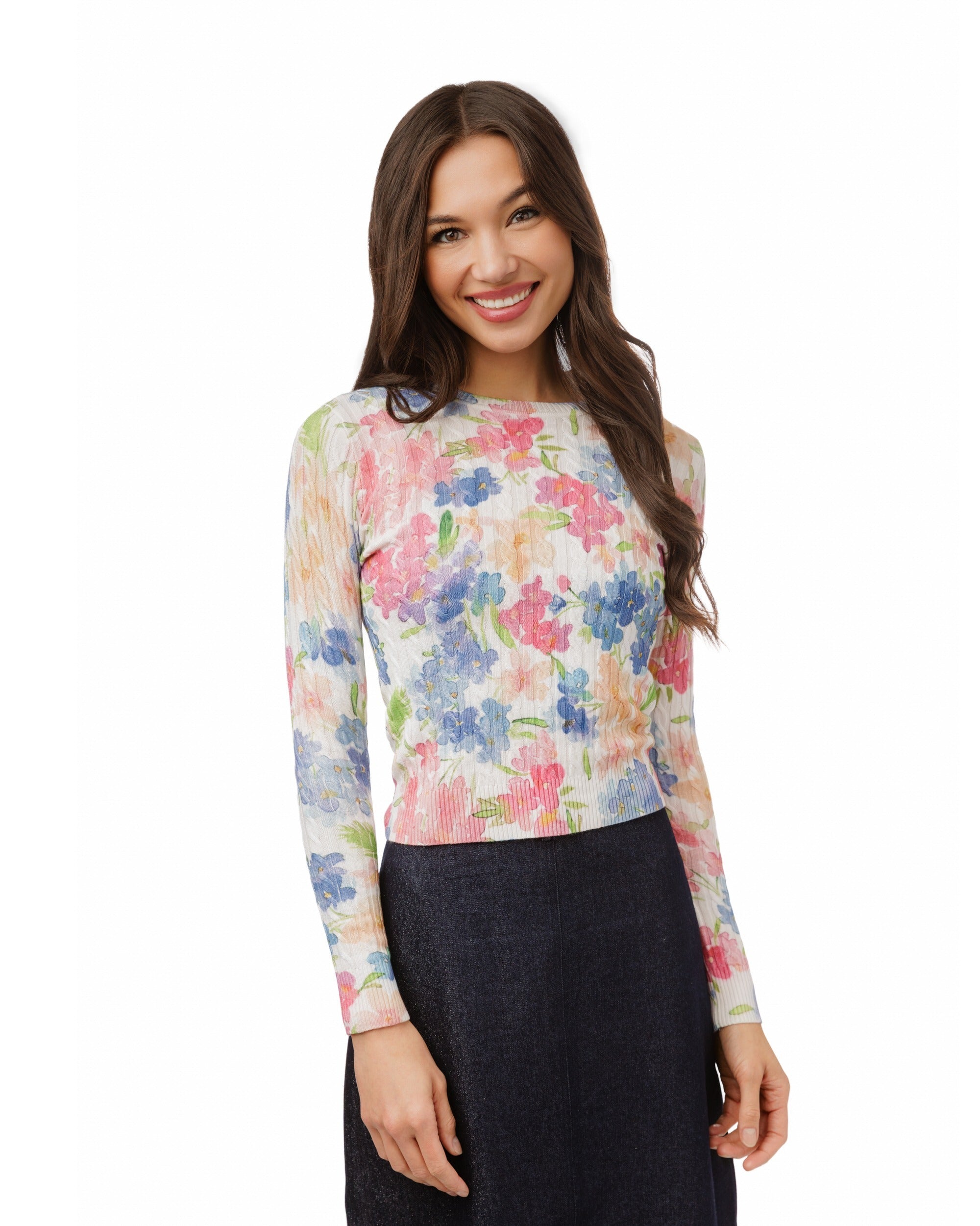 Pastel Floral Printed Cable Knit Top