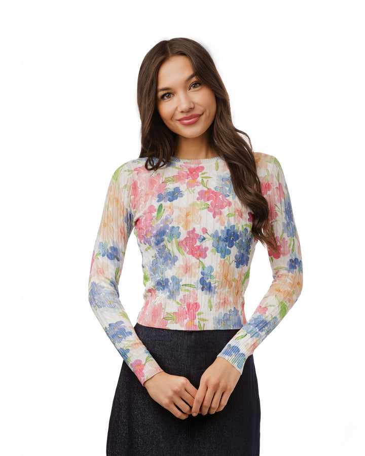 Pastel Floral Printed Cable Knit Top