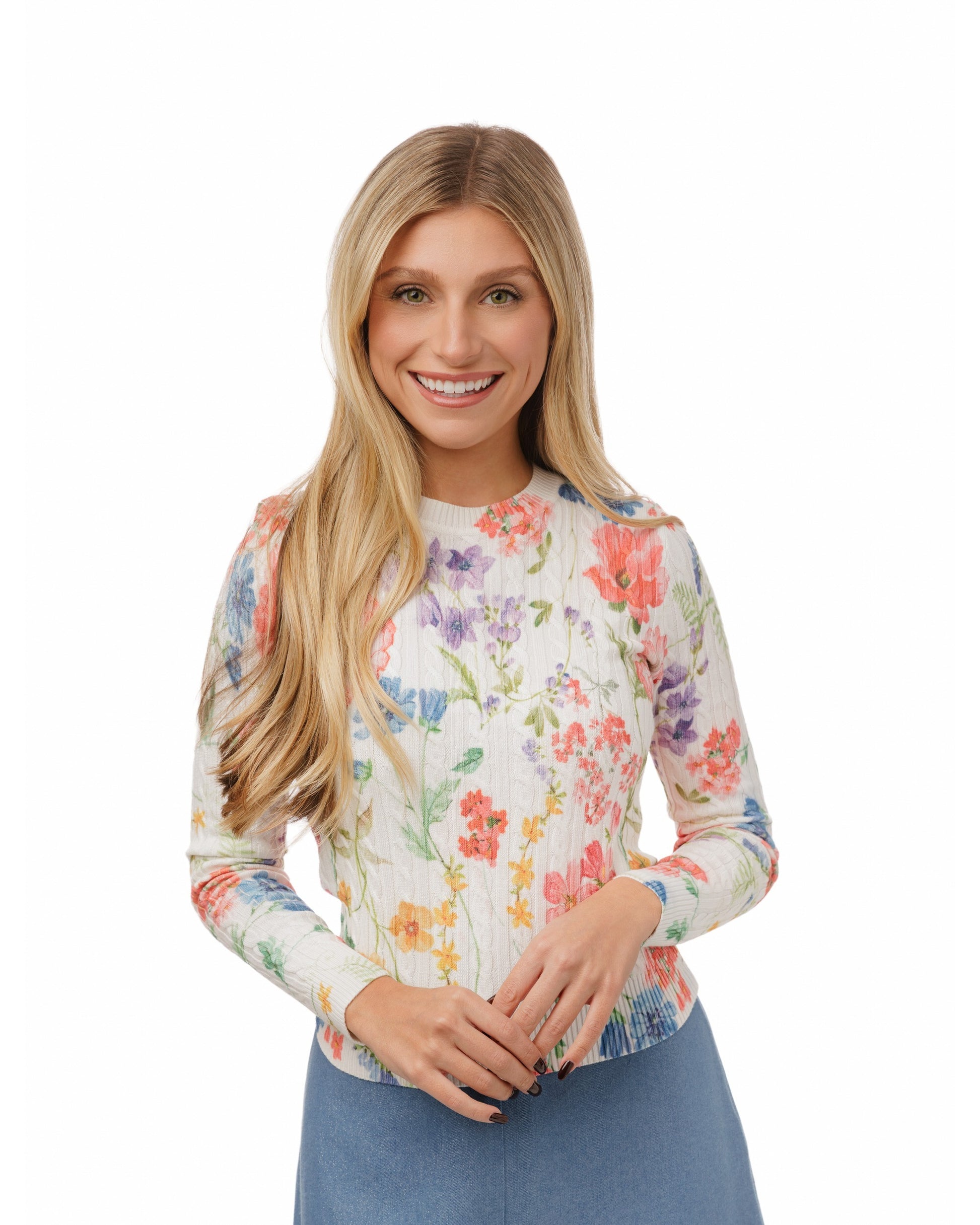 White Base Floral Cable Knit Top