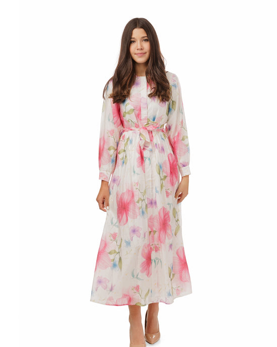 White Pink Floral Dress With Belt