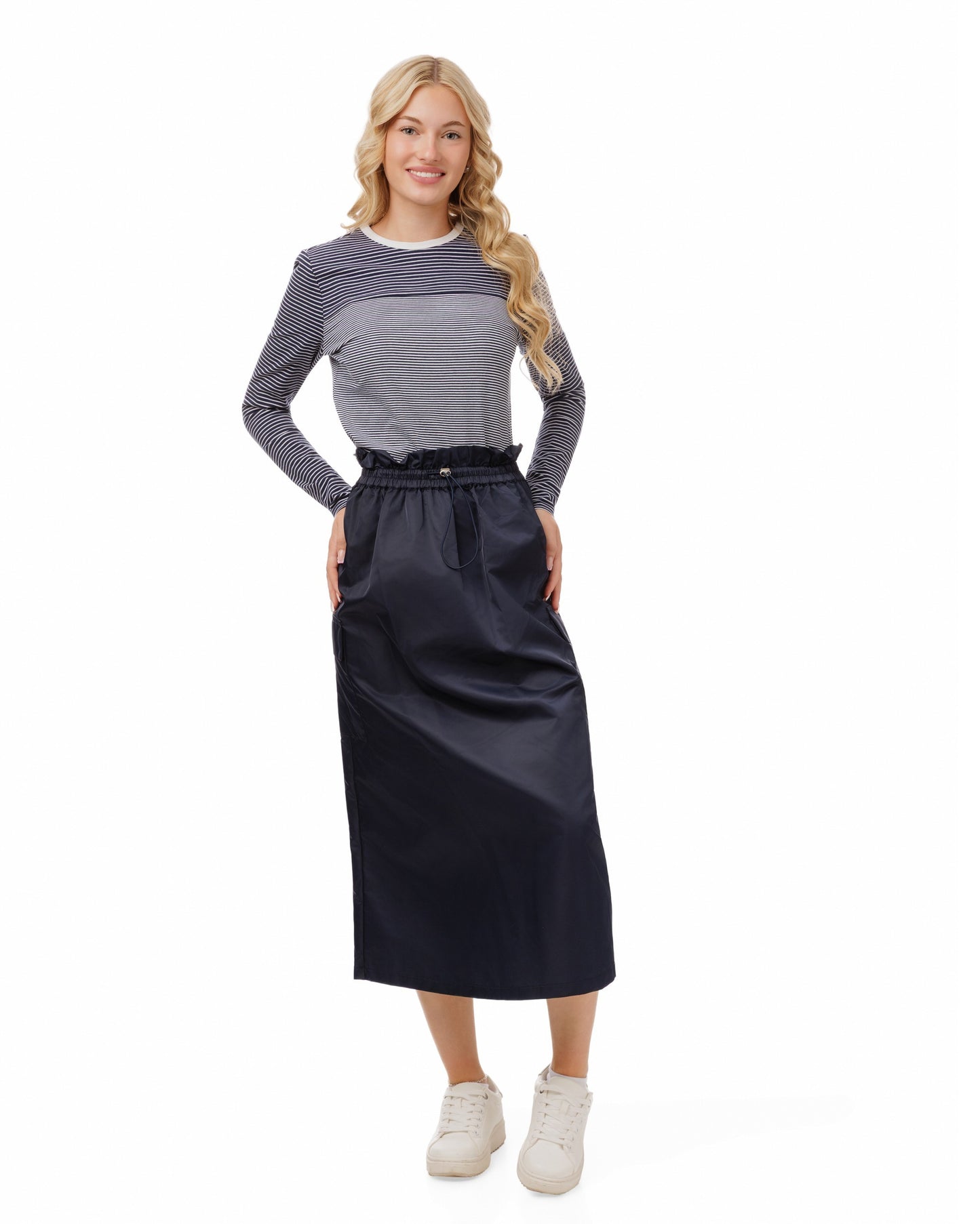 Contrast Collar Striped Block Top - Navy