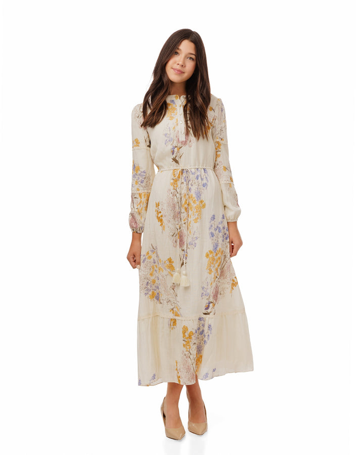 Ivory Base Floral Dress With Lace Trim Sleeves