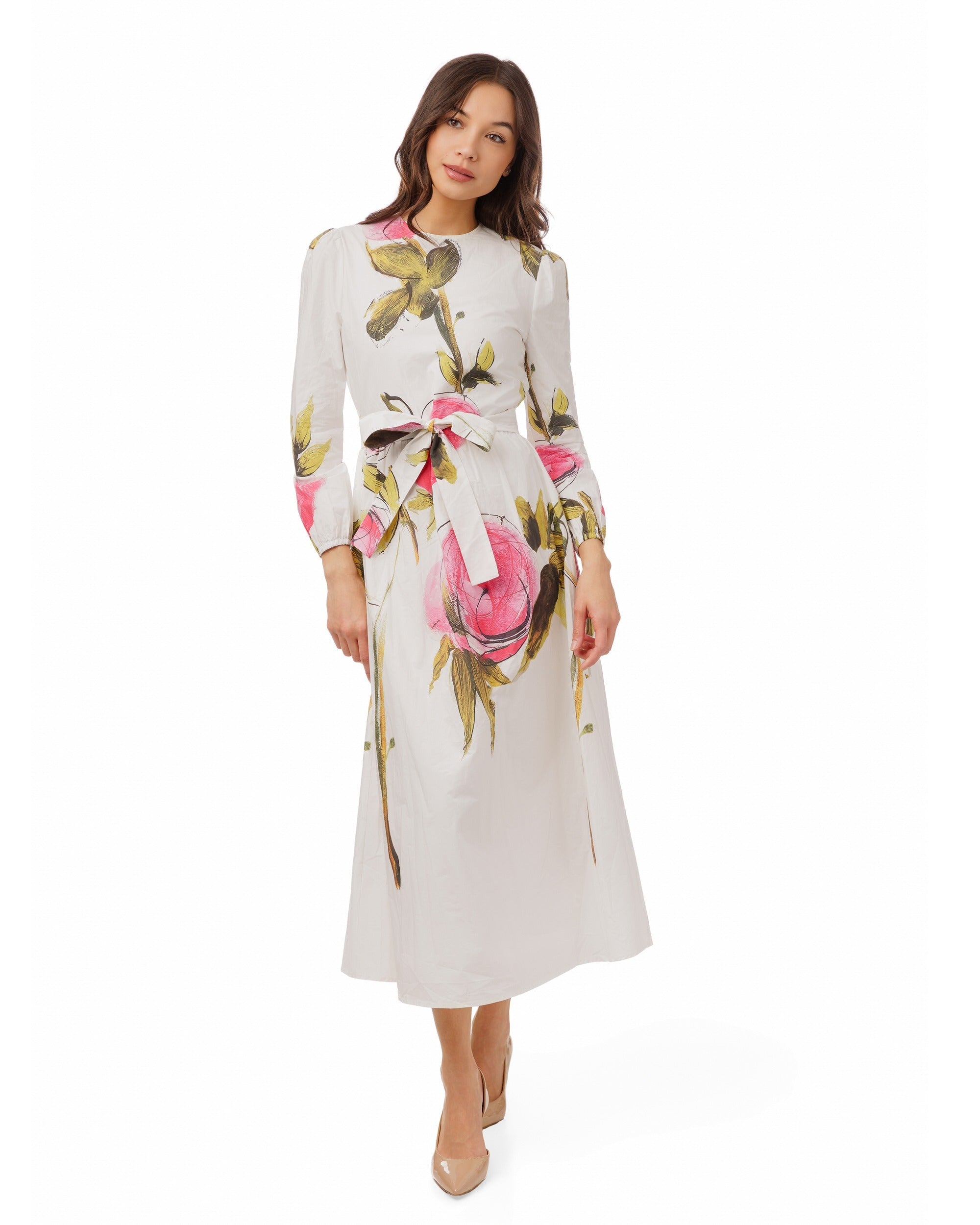 Big Abstract Flower Print White Dress