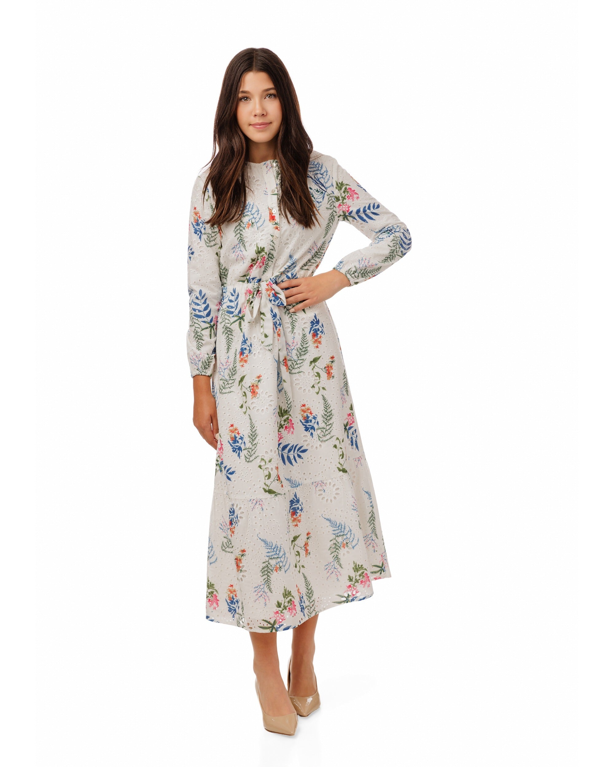 Eyelet White Dress With Blue Floral Print – The Runway Company