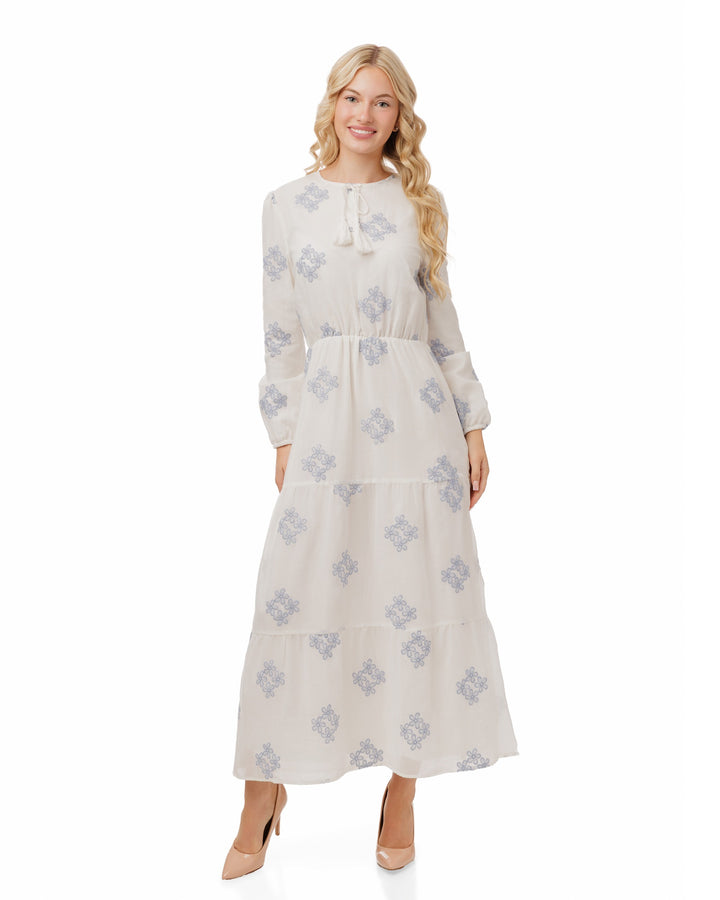 Ivory Dress With Blue Floral Embroidery