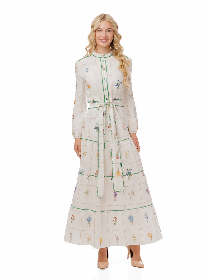 Bouquet Grid Print White Dress With Contrast Hem