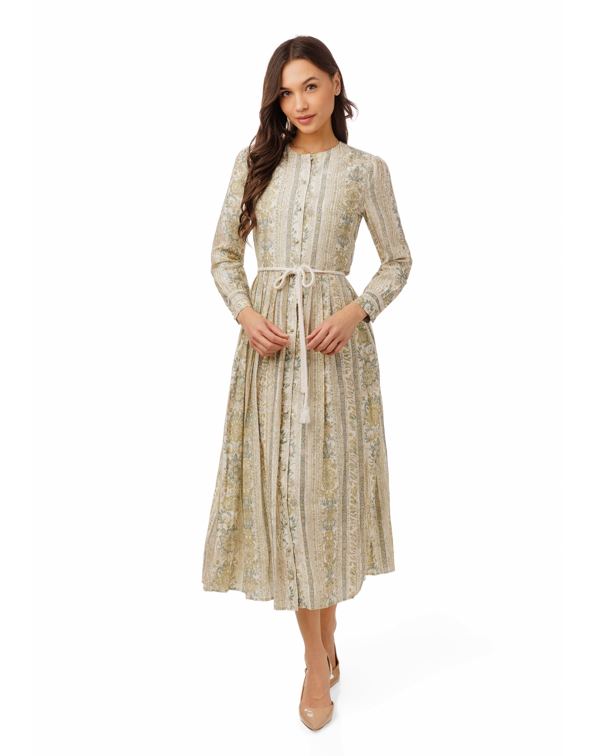 Ivory And Green Printed Floral Dress