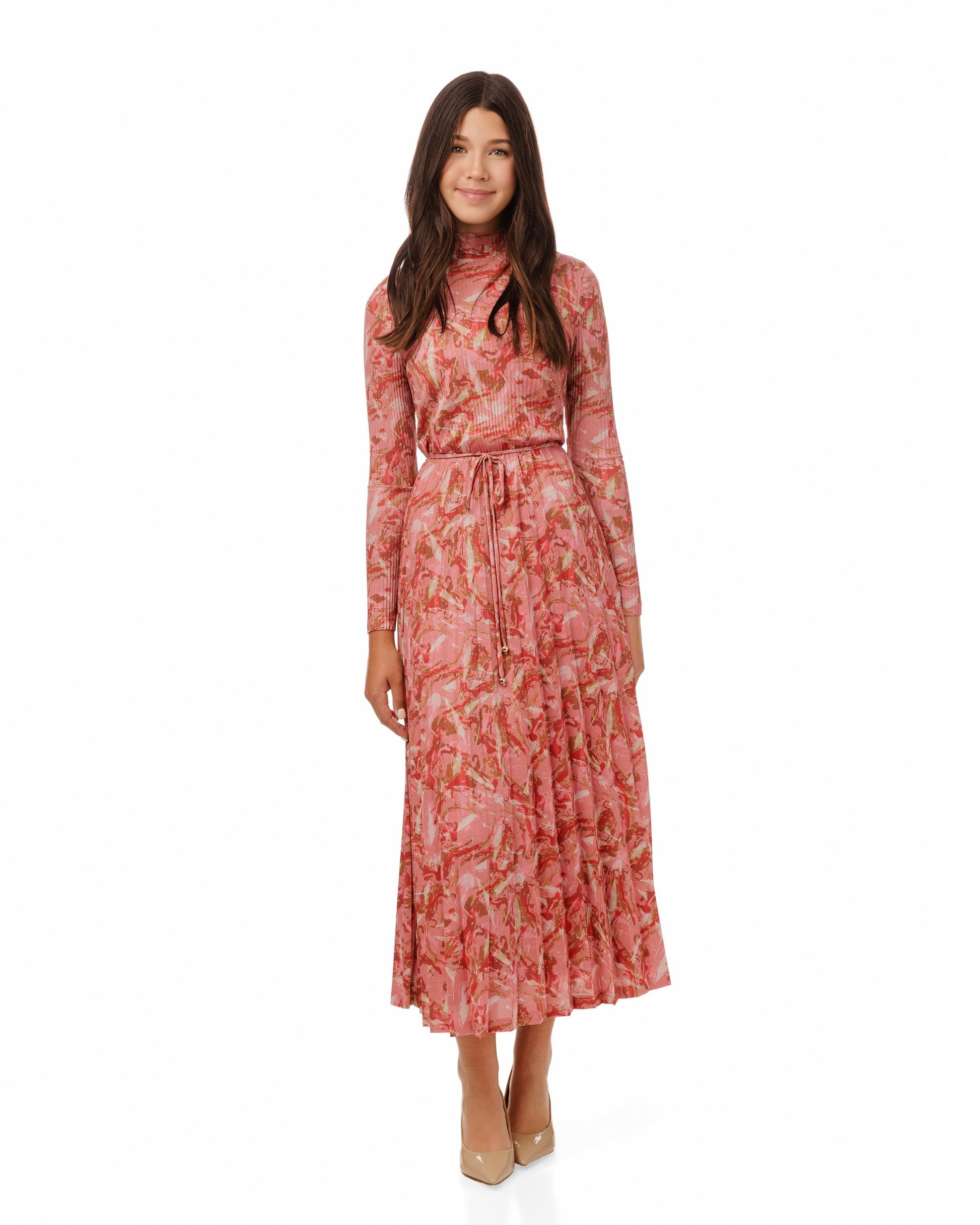 Red And Pink Print Accordion Dress
