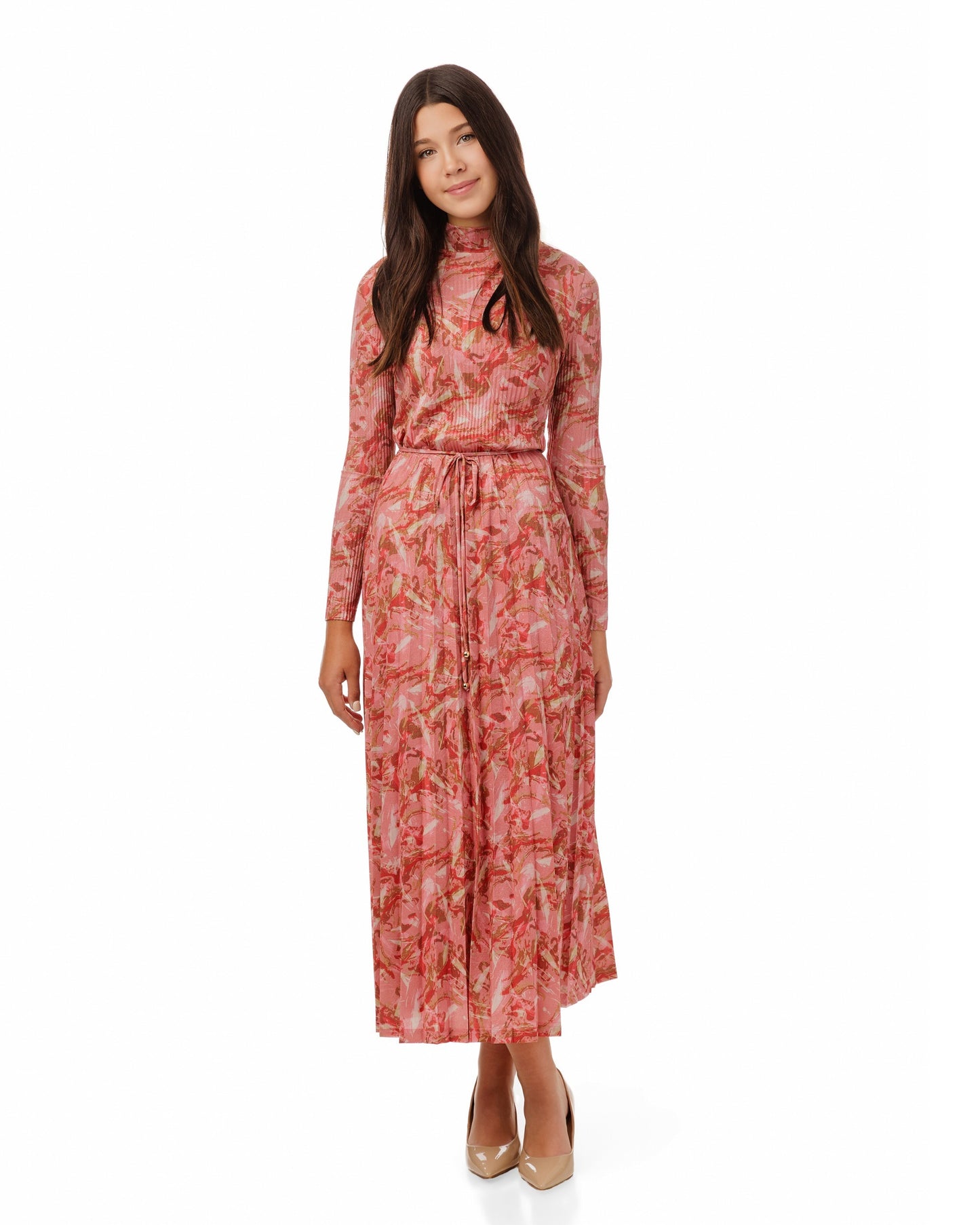 Red And Pink Print Accordion Dress