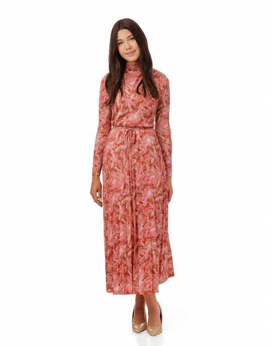 Red And Pink Print Accordion Dress