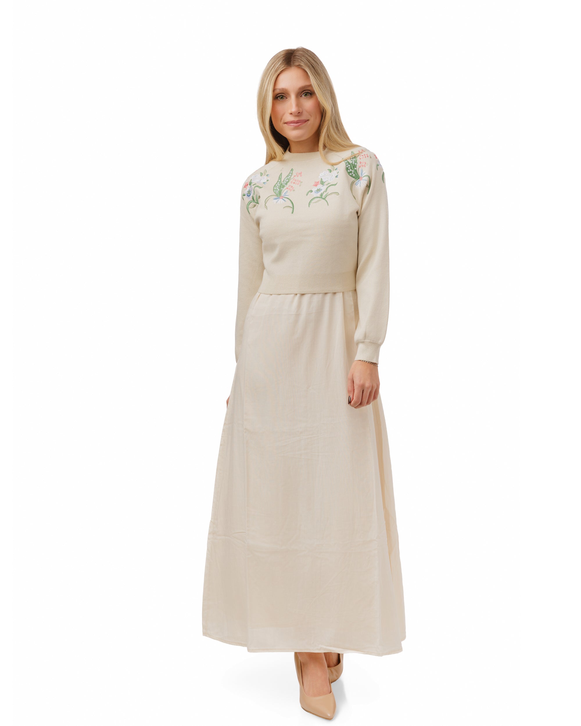 Overlay Dress With Embroidery - Ivory
