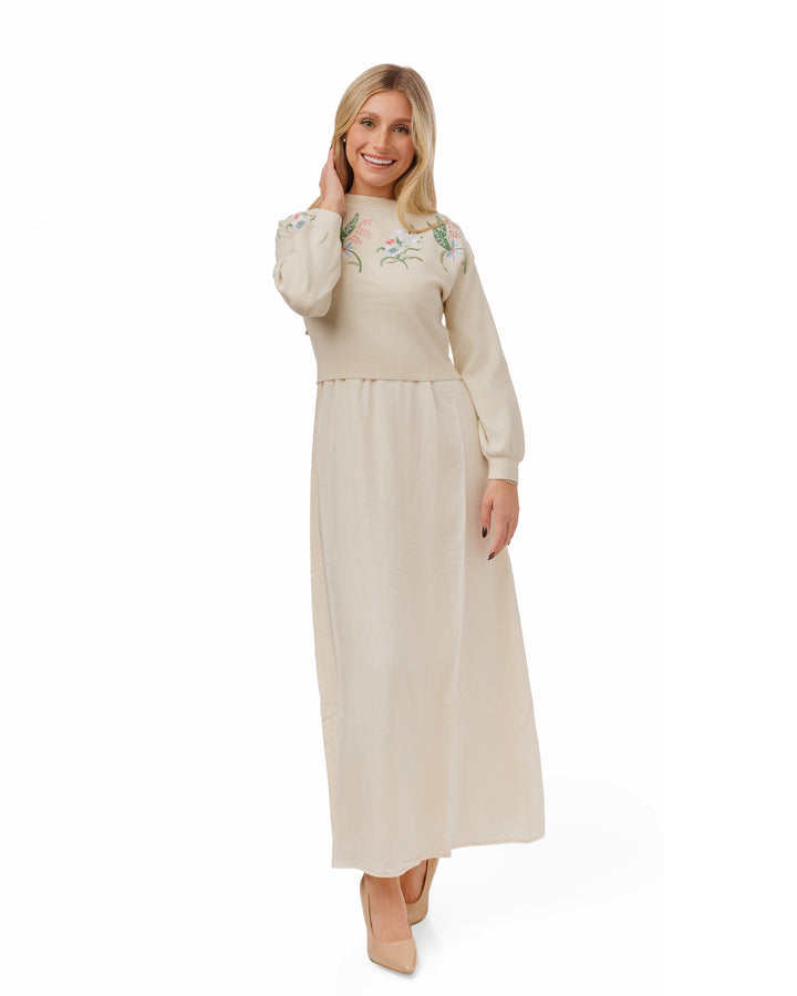 Overlay Dress With Embroidery - Ivory