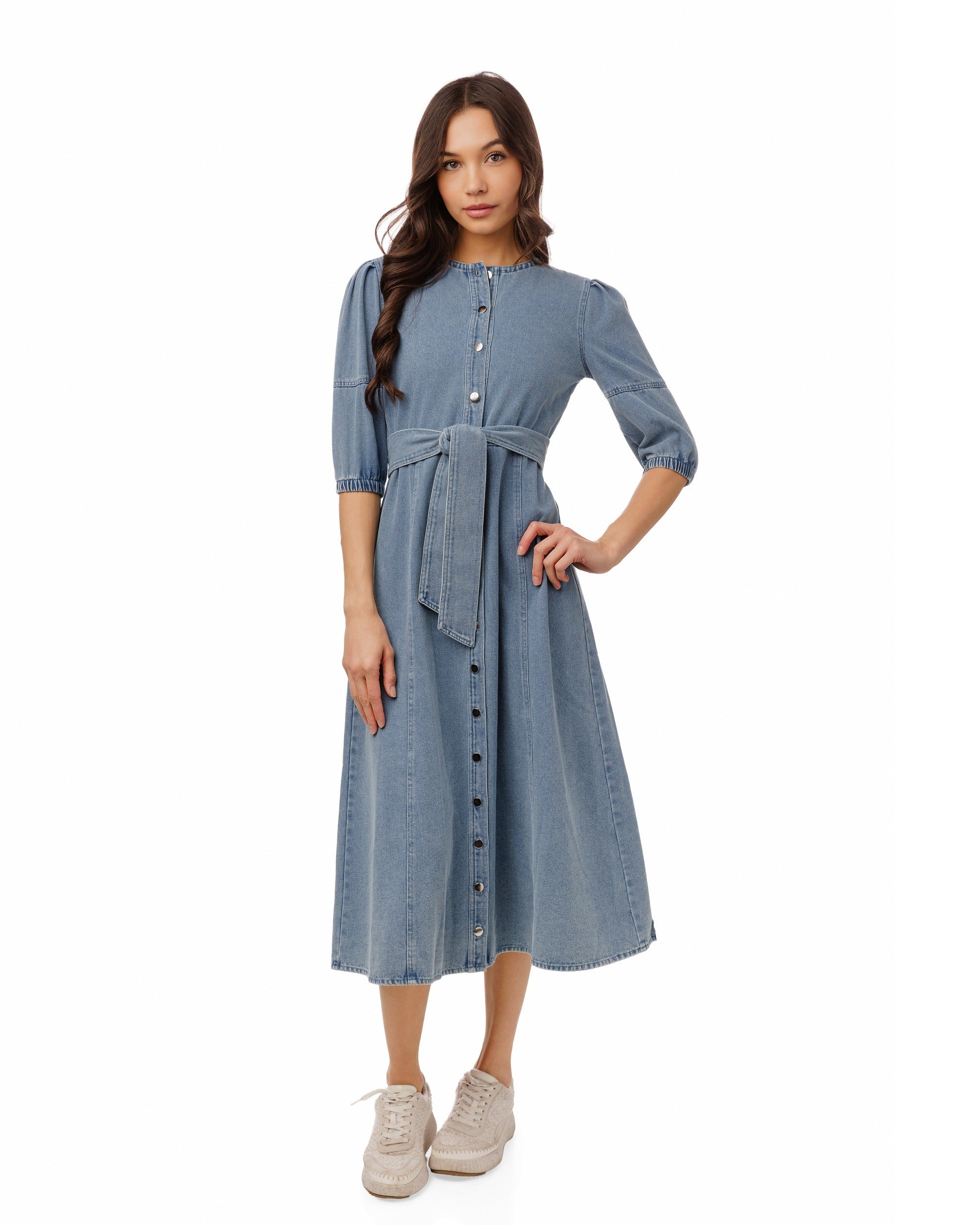 Lantern 3/4 Sleeve Denim Dress - Blue