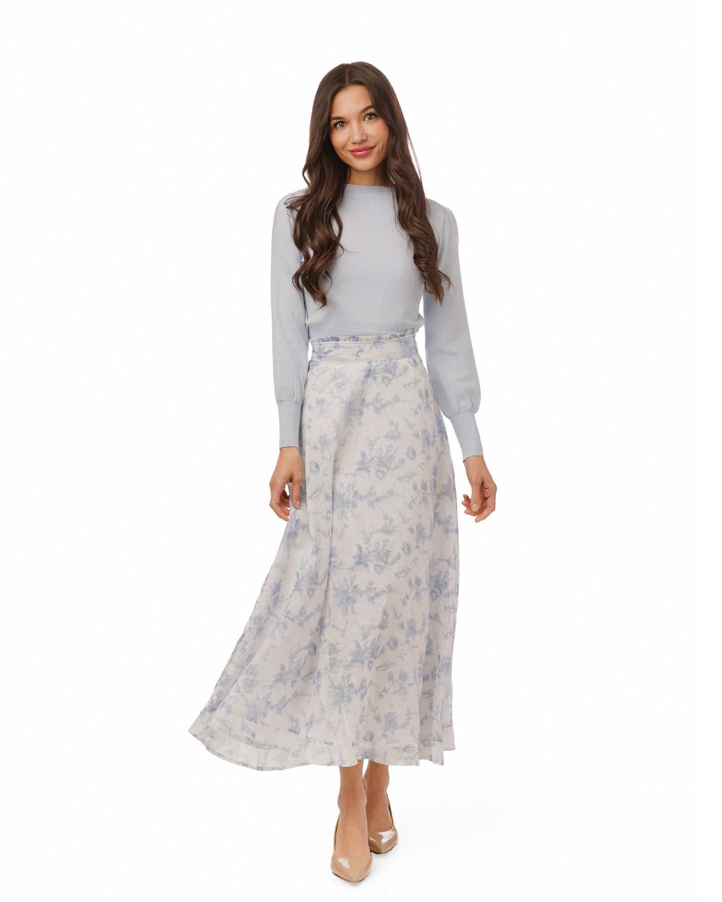 Light Blue & White Printed Floral Chiffon Skirt