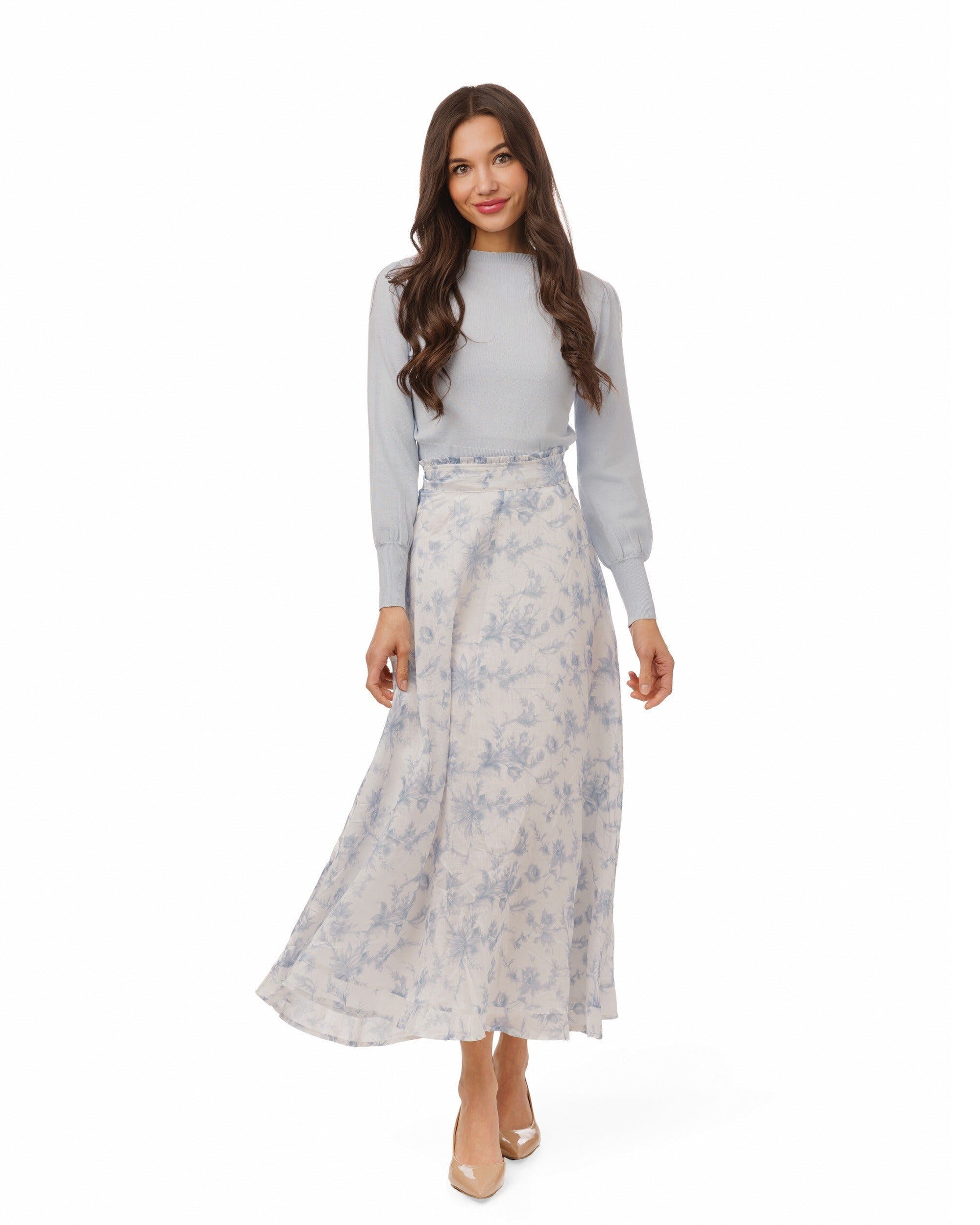 Light Blue & White Printed Floral Chiffon Skirt