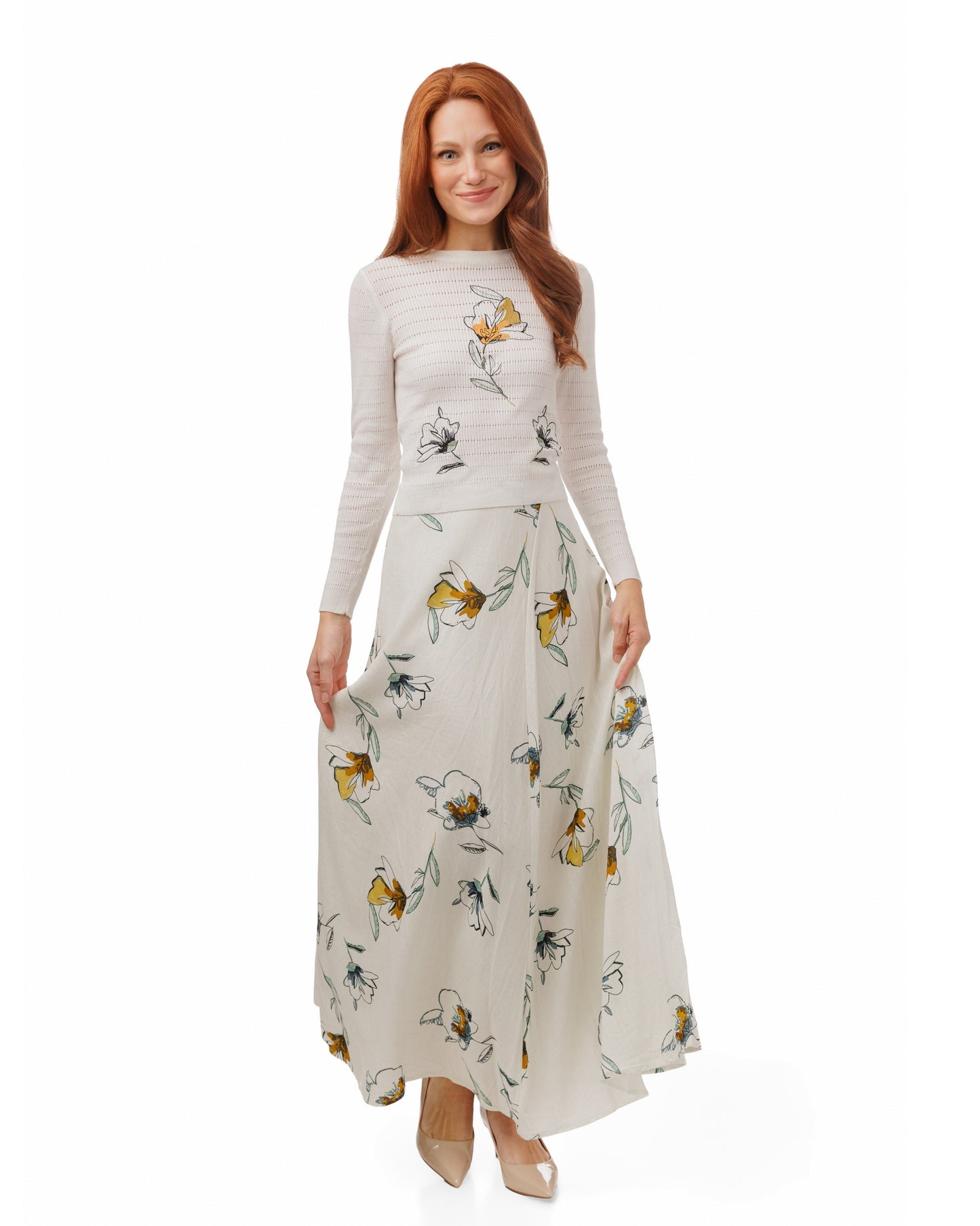 White Detailed Knit Top With Floral Embroidery