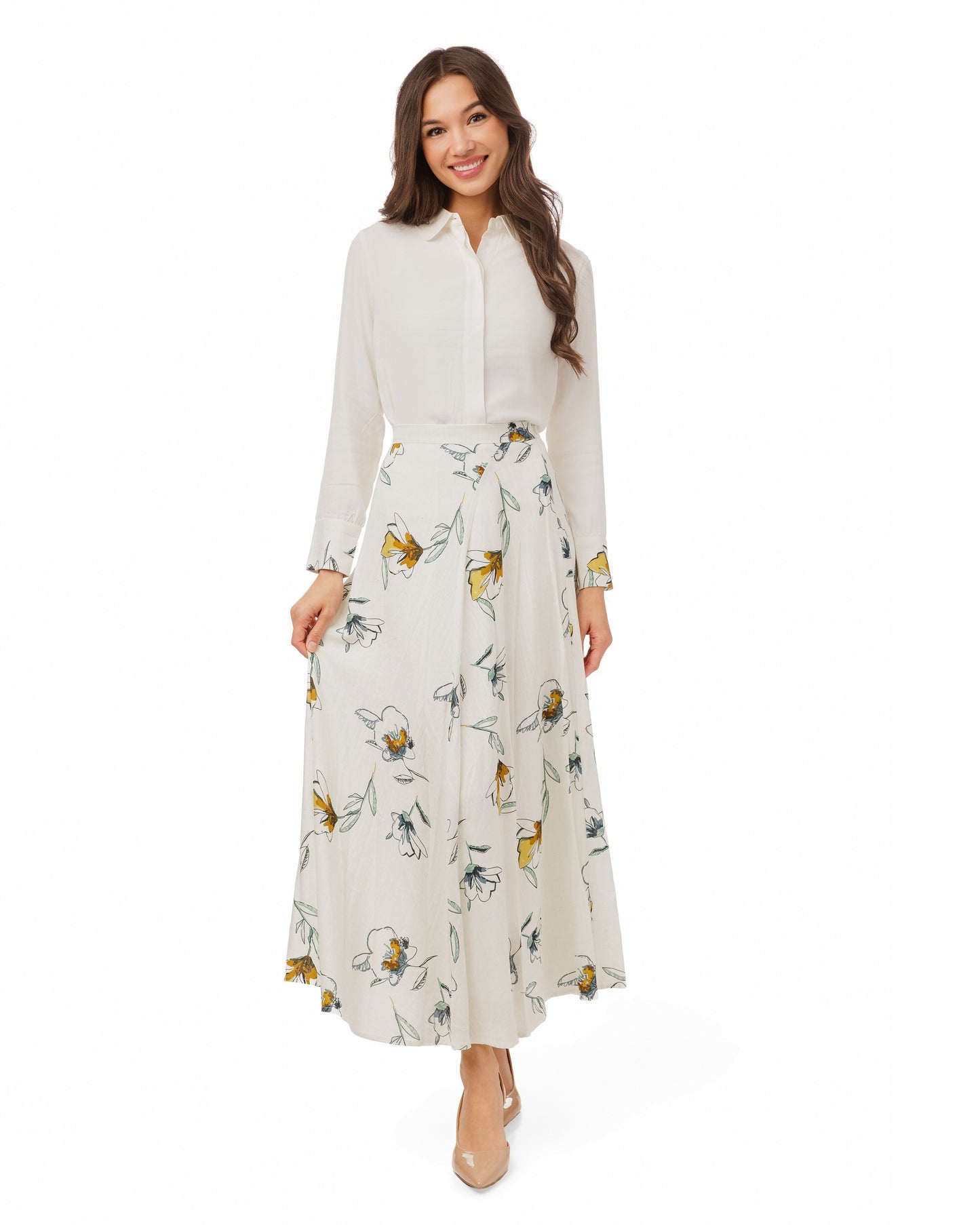 White Blouse With Floral Printed Collar And Cuff