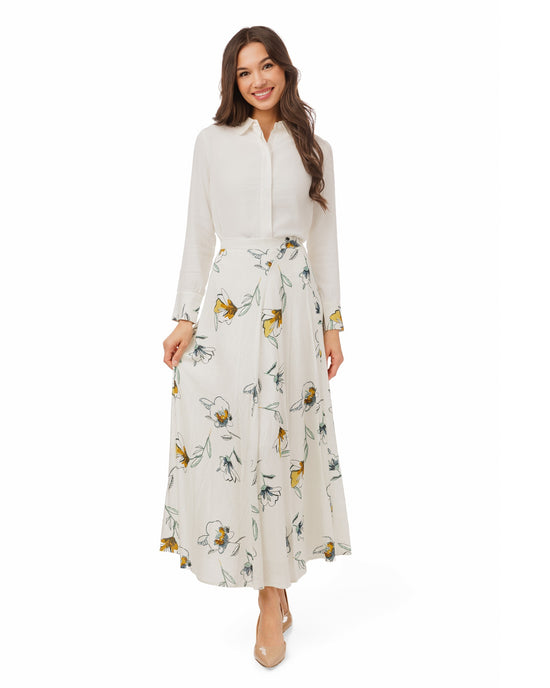 White Blouse With Floral Printed Collar And Cuff
