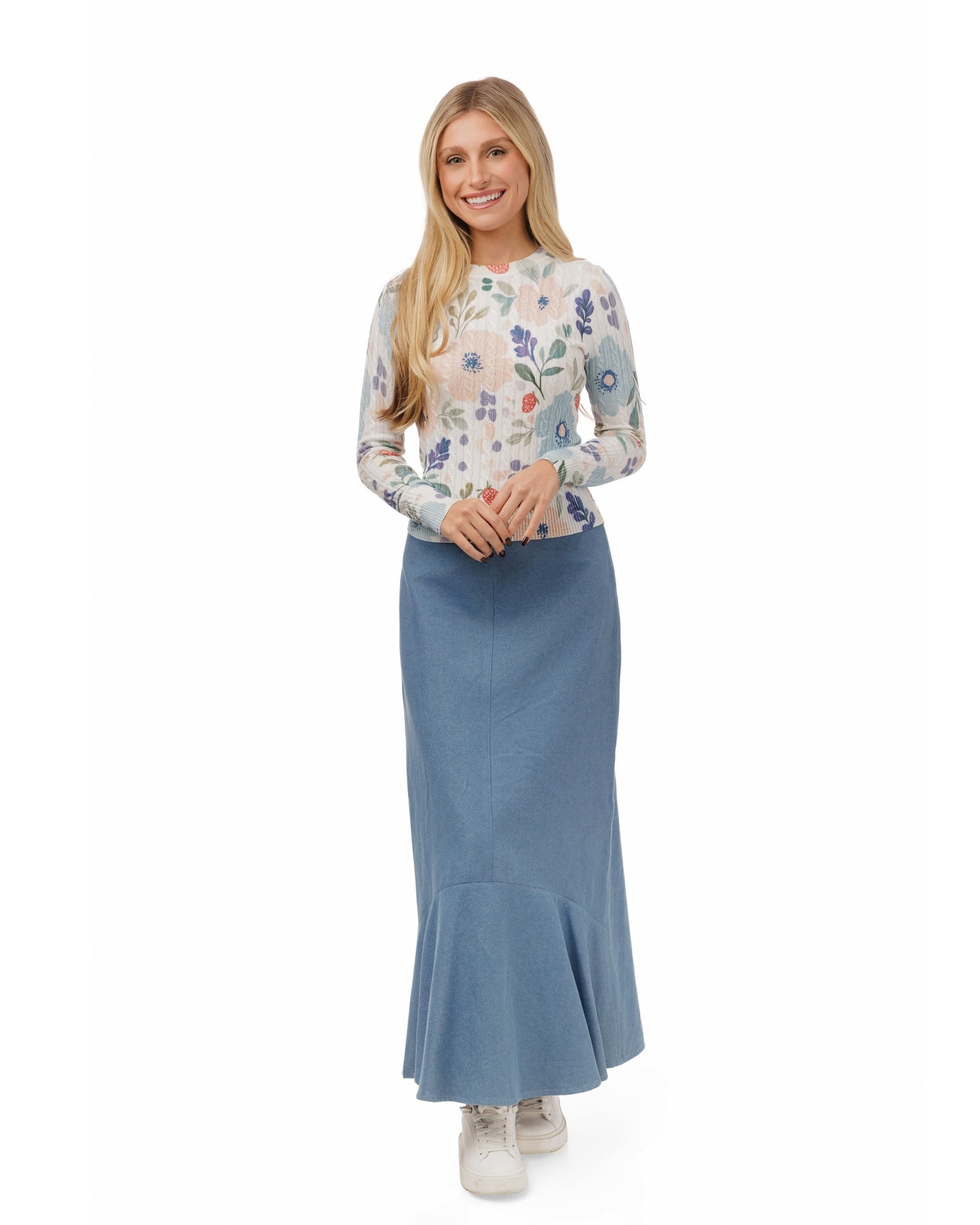 Floral Printed Cable Knit Top