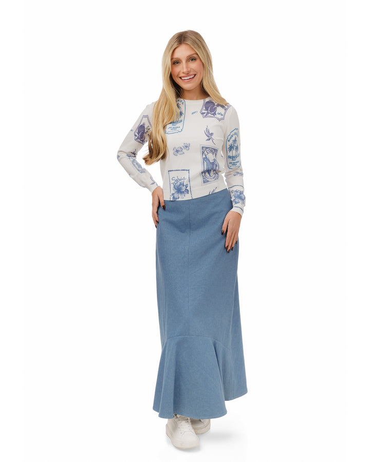 Flower Patch Print White Knit Top - Blue