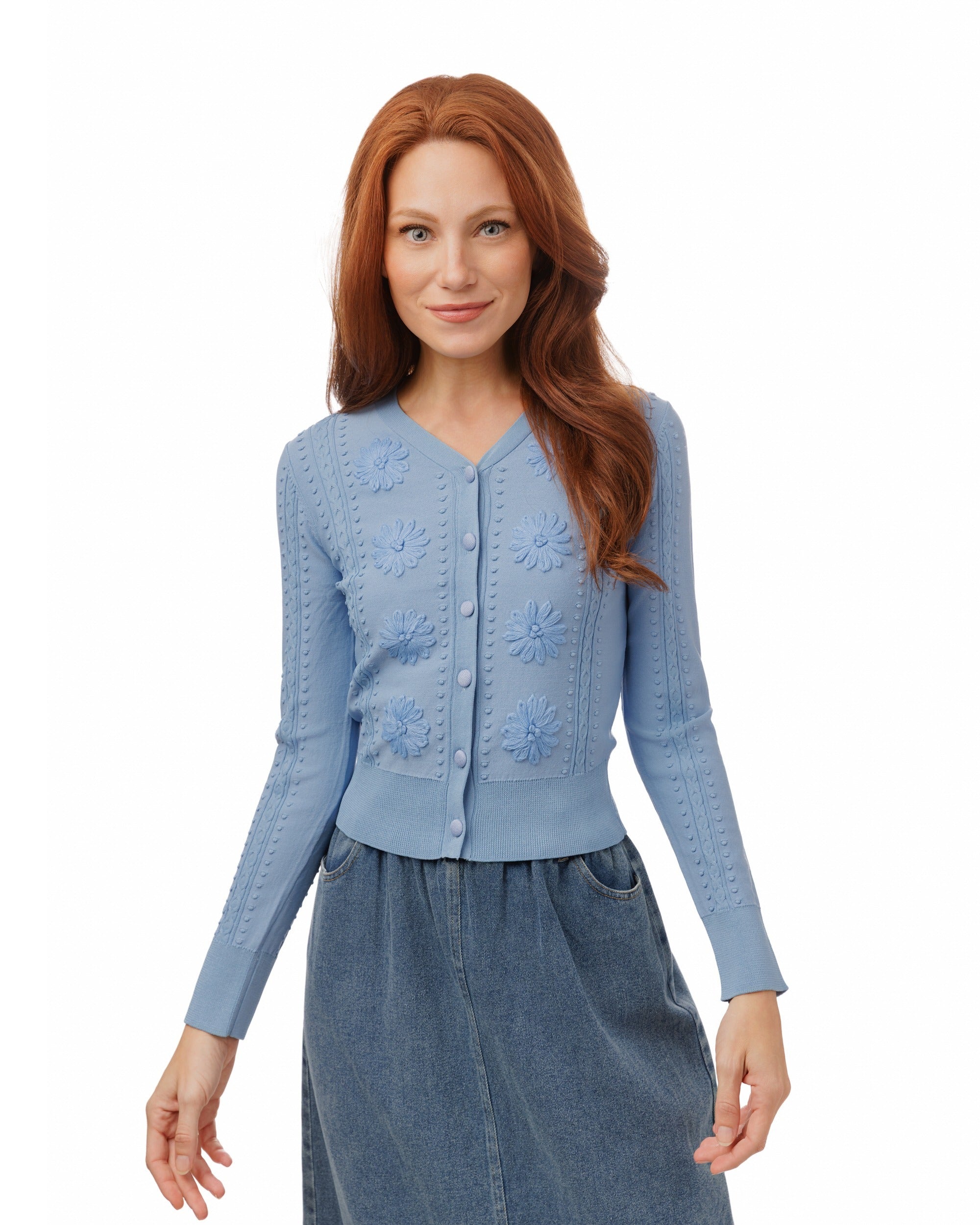 Knit Cardigan With Flowers - Light Blue