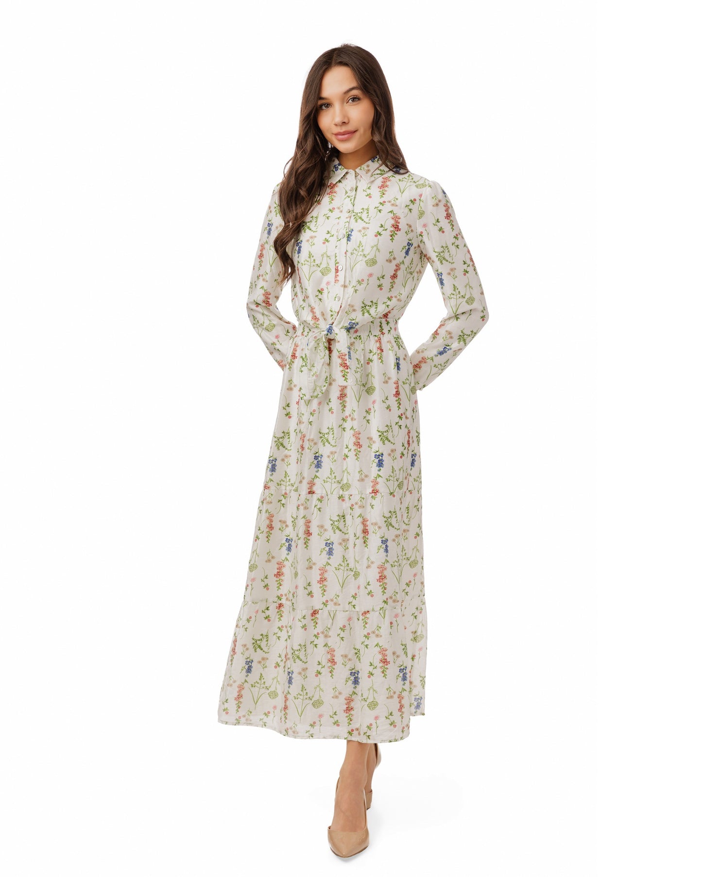 Front Tie Green Floral Print White Shirt