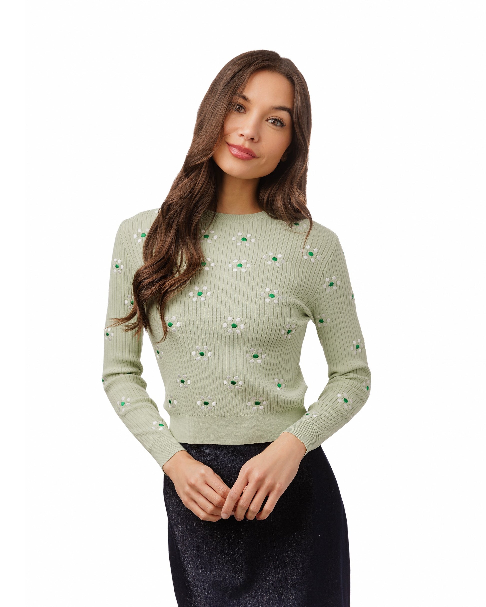 Green Ribbed Knit With Floral Embroidery