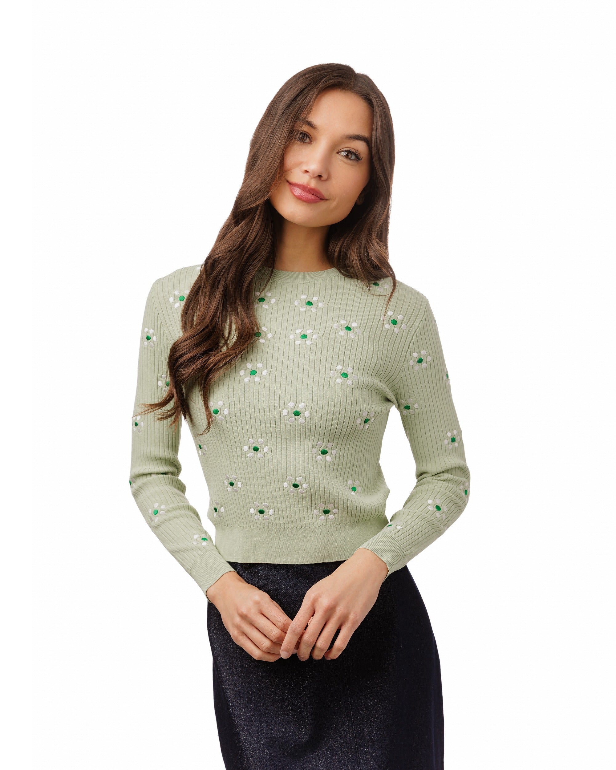 Green Ribbed Knit With Floral Embroidery