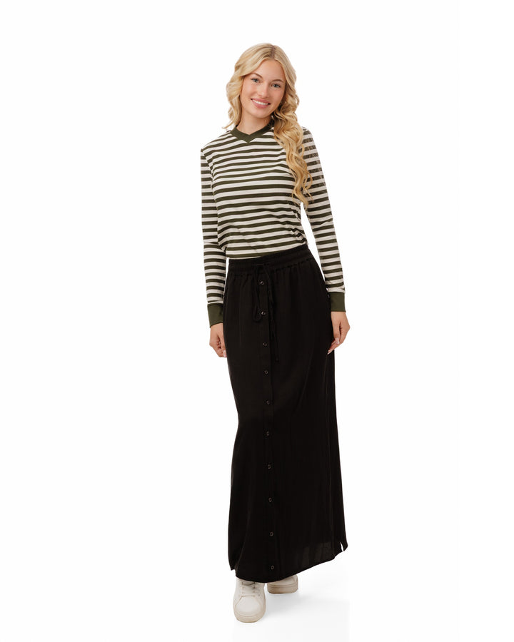 Front Button Solid Black Skirt