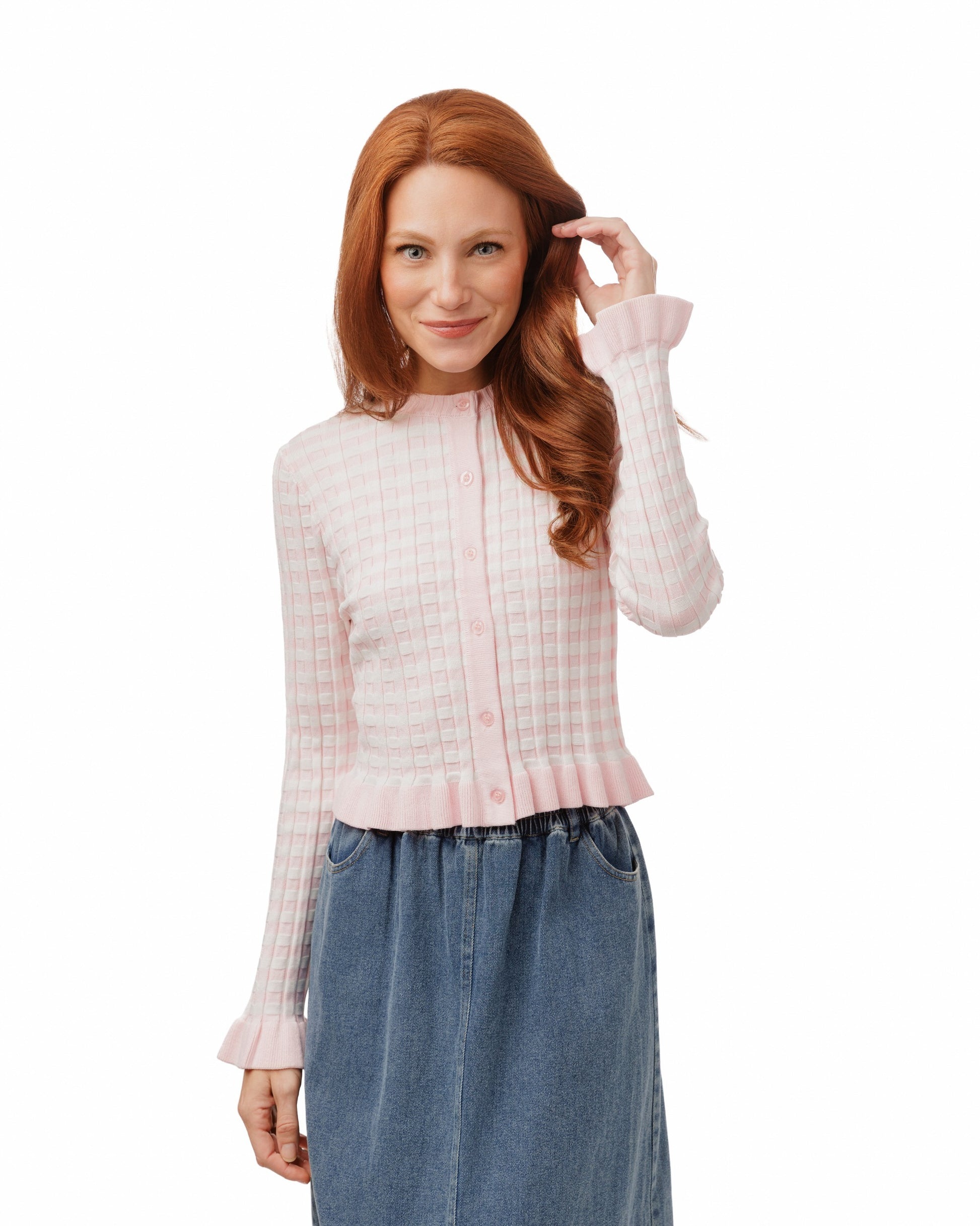 Pink And White Striped Knit Cardigan