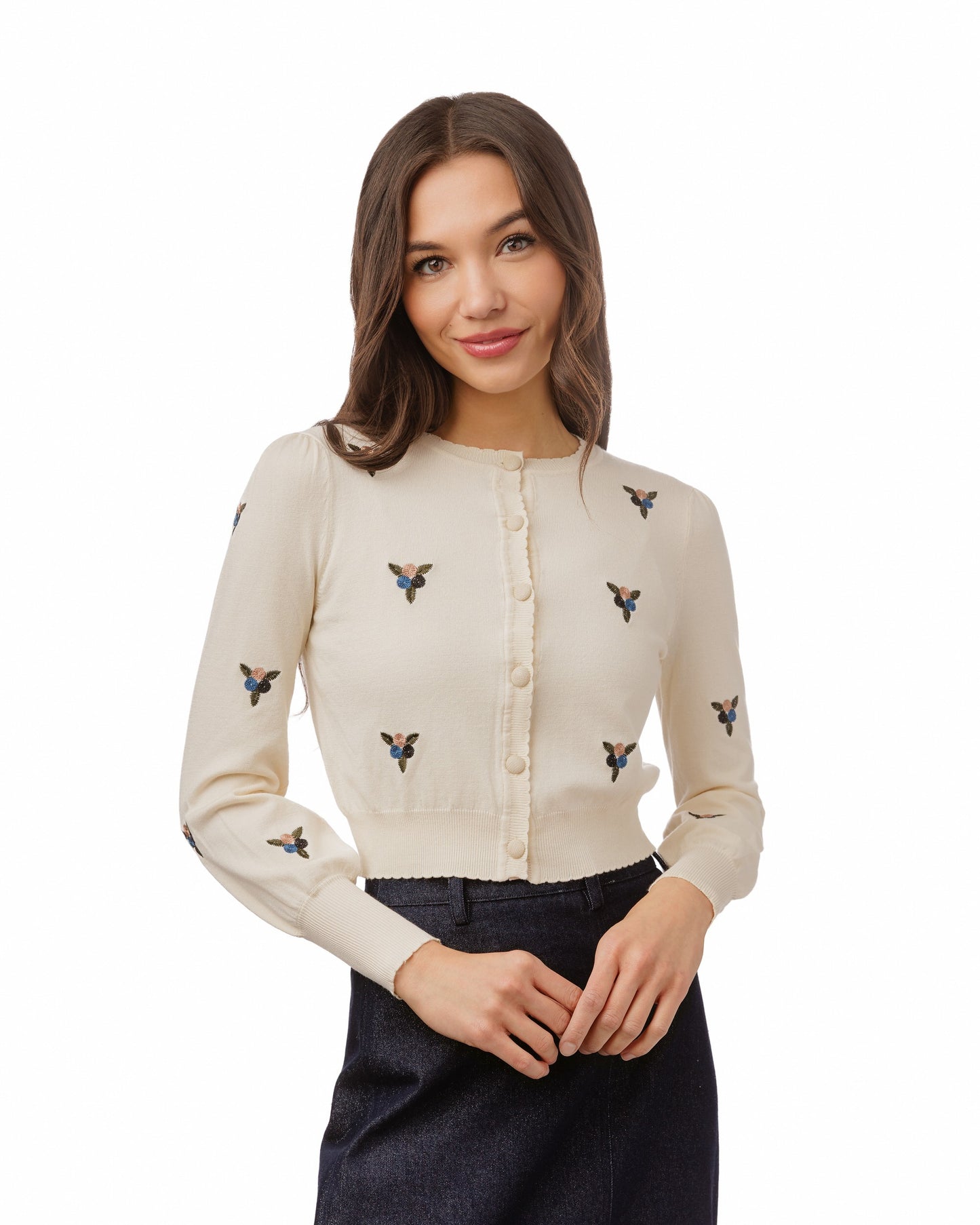 Knit Cardigan With Triangle Embroidery - Cream