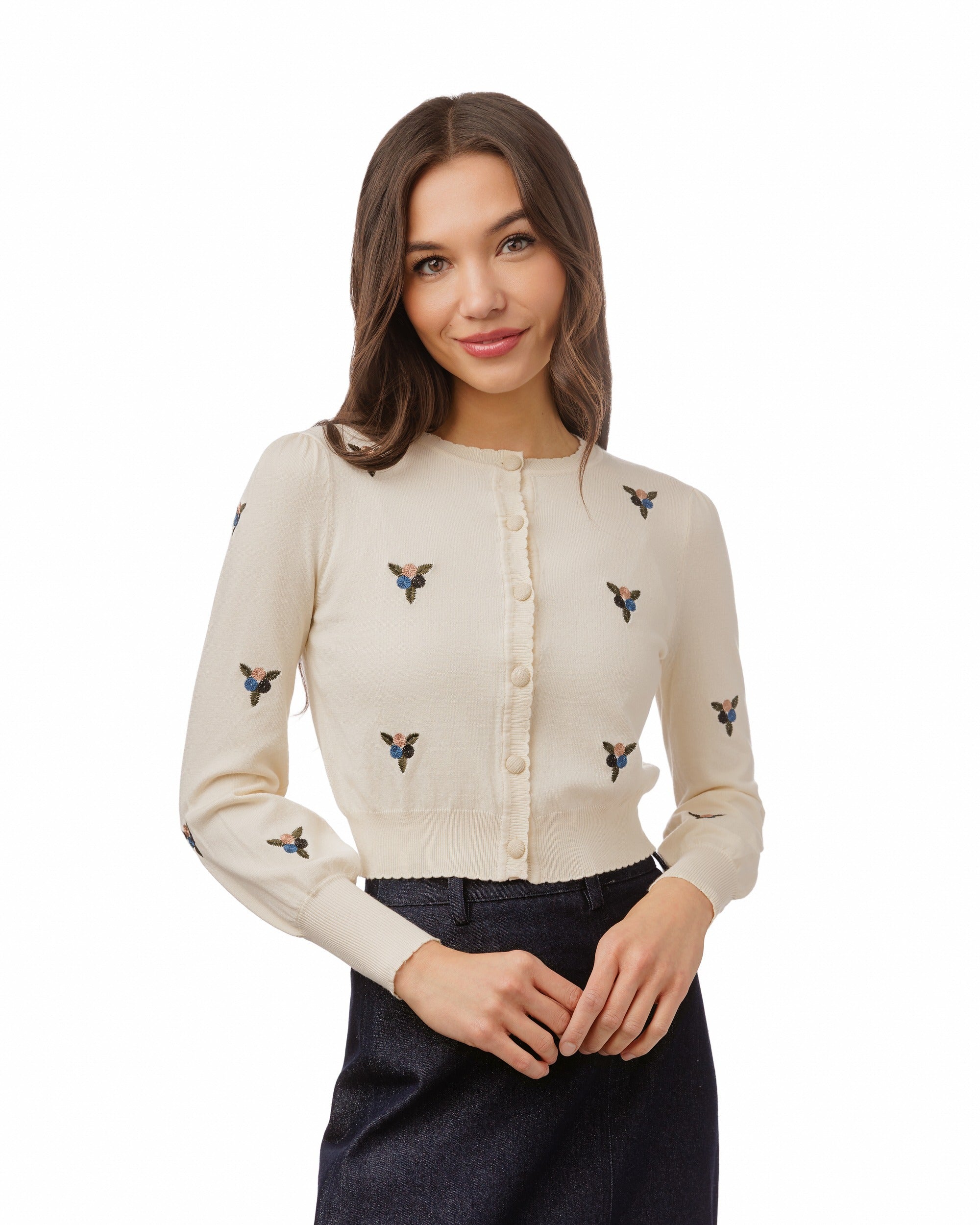 Knit Cardigan With Triangle Embroidery - Cream