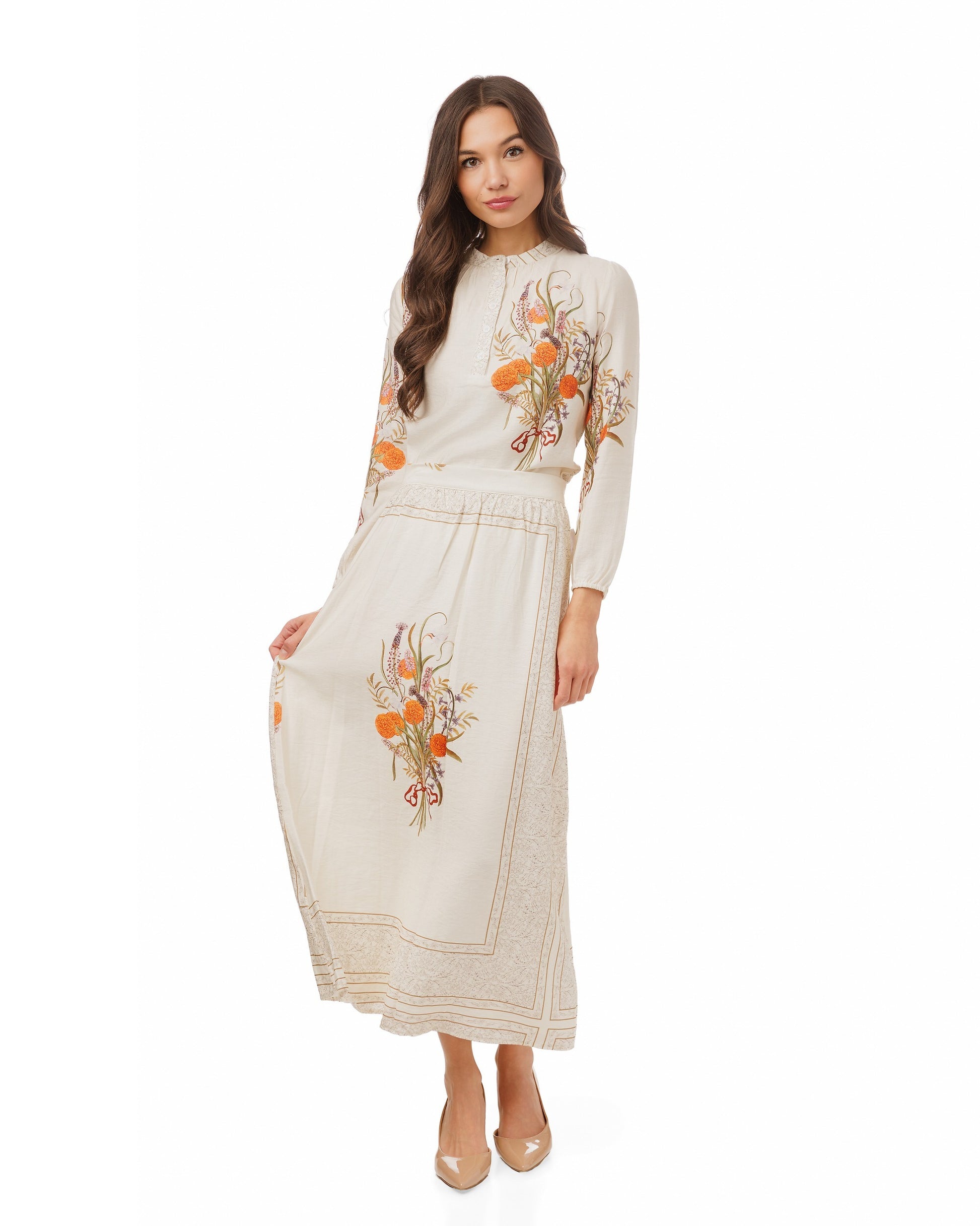 Ivory Blouse With Orange Floral Print