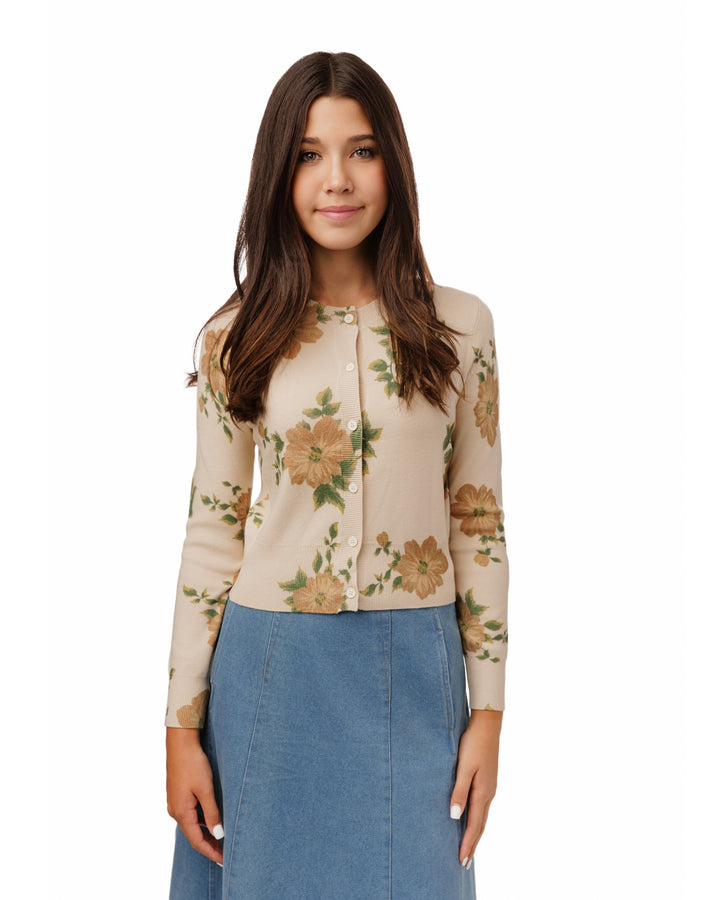 Tan Knit Cardigan With Flowers