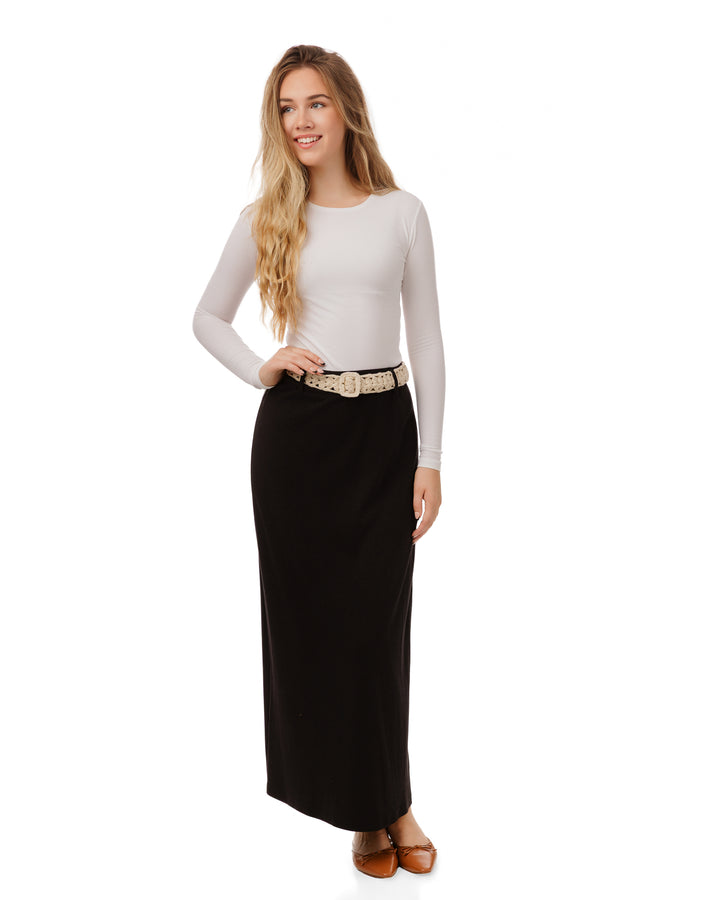 Beige Crochet Belt Solid Black Skirt