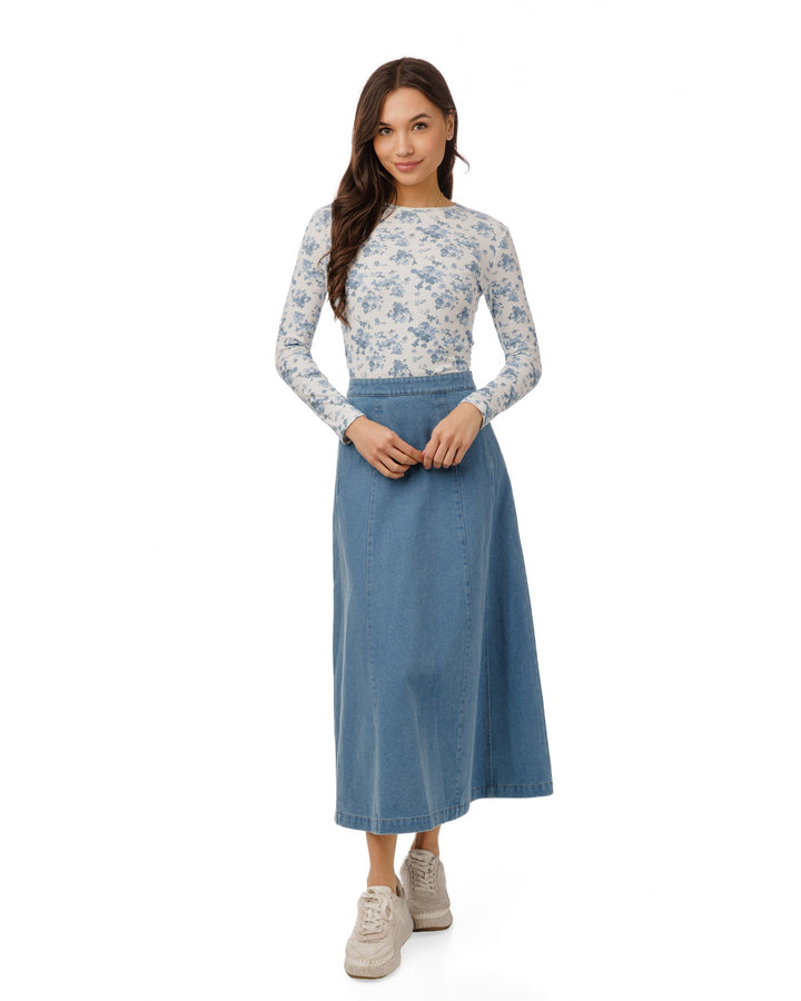 Blue Floral Print Ribbed Top