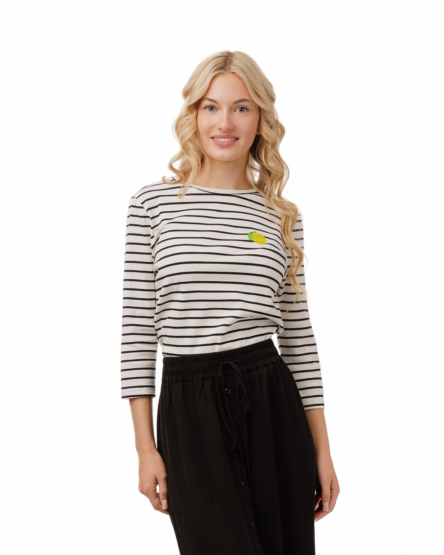 Lemon Embroidery Striped White Top